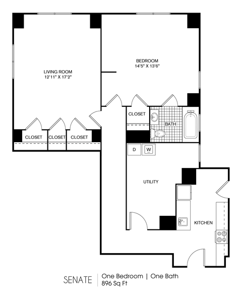 Floor plan for 1 bed, 1 bath, 896 sqft
